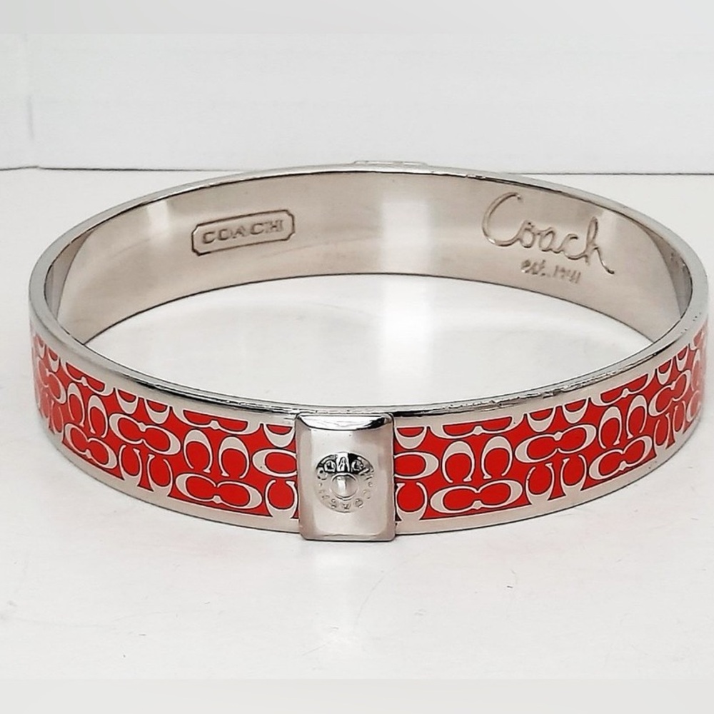 Coach Silver-Tone Bracelet with Red Signature Enamel